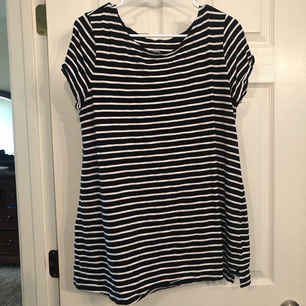 Black and white striped maternity top.